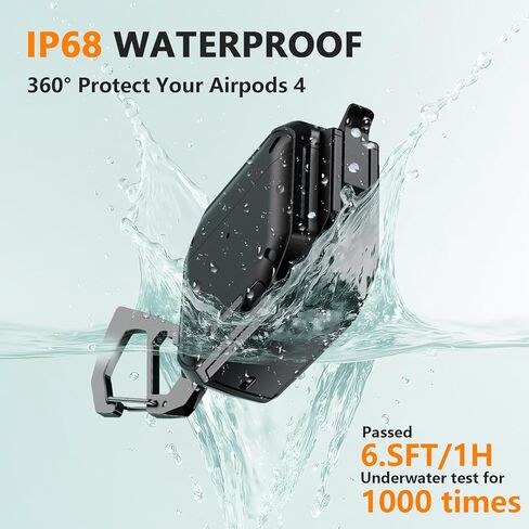 حافظة AirPods 4 مع قفل وحلقة تسلق، [IP68 مقاومة للماء] [حماية من الدرجة العسكرية] حافظة مقاومة للصدمات لكامل الجسم مع حامل هاتف لـ AirPods 4rd Gen مع مجموعة تنظيف (أسود) in Saudi Arabia