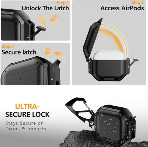 حافظة AirPods 4 مع قفل وحلقة تسلق، [IP68 مقاومة للماء] [حماية من الدرجة العسكرية] حافظة مقاومة للصدمات لكامل الجسم مع حامل هاتف لـ AirPods 4rd Gen مع مجموعة تنظيف (أسود) in Saudi Arabia