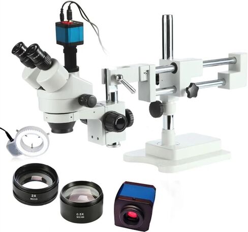 مجموعة ملحقات المجهر 3.5X-90X Simul Focal Trinocular Microscope Double Boom Stand 14MP Camera 144pc Ring Light Soldering Stereo Microscopio Set Microscope Slides in Kuwait