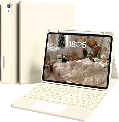 for iPad (A16) 11th/10th Gen Case with Keyboard - 7 Colors Backlit,Multi-Touch Trackpad,Detachable Keyboard Cover with Pencil Holder for iPad A16 11 inch 2025/10th 10.9 Inch 2022 (Cream White) in Kuwait