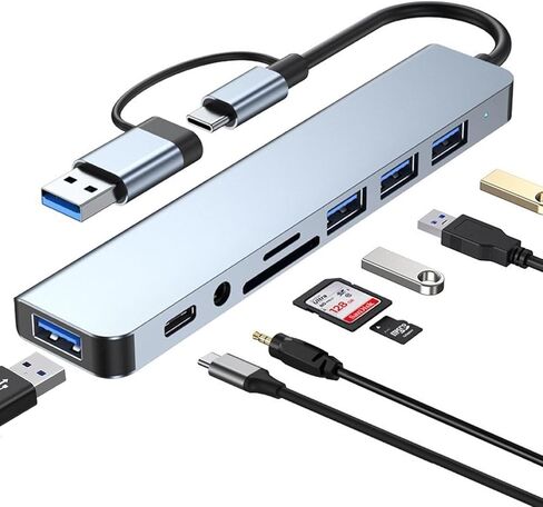 موزع USB C وموزع USB مع USB 3.0، محطة إرساء ألومنيوم 8 في 1 USB 2.0 مع قارئ بطاقات SD/TF، ​​مقبس سماعة رأس Aux 3.5 مم لجهاز MacBook Pro Air والمزيد من أجهزة الكمبيوتر/الكمبيوتر المحمول/الكمبيوتر اللوحي in Saudi Arabia