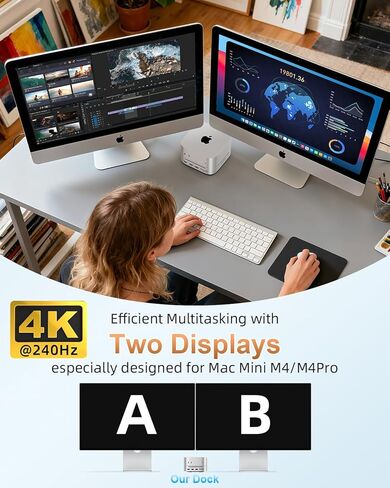 Mac mini M4 Dock & Stand DisplayPort 8K@120 هرتز Hub لجهاز Mac mini M4/M4 Pro 2024 مع حاوية NVMe SSD بسعة 8 تيرابايت، 10 في 1 مع DP، 5 منافذ USB-A/C بسرعة 10 جيجابت في الثانية، SD/TF، ​​صوت لجهاز Mac mini M4، Mac mini M4 Pro in Kuwait