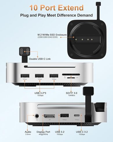 Mac mini M4 Dock & Stand DisplayPort 8K@120 هرتز Hub لجهاز Mac mini M4/M4 Pro 2024 مع حاوية NVMe SSD بسعة 8 تيرابايت، 10 في 1 مع DP، 5 منافذ USB-A/C بسرعة 10 جيجابت في الثانية، SD/TF، ​​صوت لجهاز Mac mini M4، Mac mini M4 Pro in Kuwait