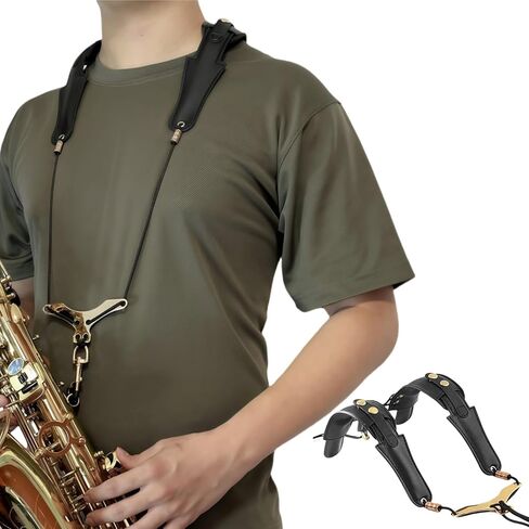 HighLight Saxophone Double Shoulder Strap Brown Leather Distribute Pressure Ergonomic Design Straps Reduce Strain w/ 4 Adjustable Buckles for Alto Tenor Soprano Sax Bass Clarinet Adult Kids Black in Saudi Arabia
