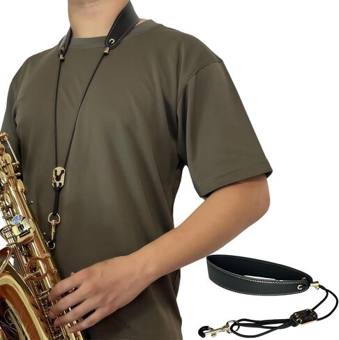 HighLight Saxophone Double Shoulder Strap Brown Leather Distribute Pressure Ergonomic Design Straps Reduce Strain w/ 4 Adjustable Buckles for Alto Tenor Soprano Sax Bass Clarinet Adult Kids Black in Saudi Arabia