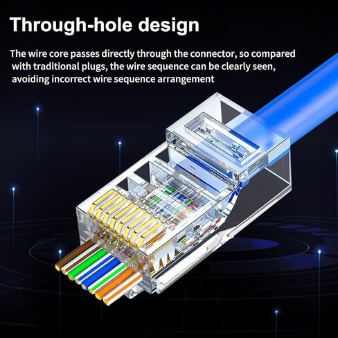 موصلات تمرير Cat6 RJ45 100 حزمة معدنية غير محمية من خلال رأس كريستال 8P8C قابس معياري لكابل إيثرنت صلب ومجدول 50 ميكرون مطلي بالذهب للشبكة، PoE، 10 ميجابت في الثانية in Kuwait