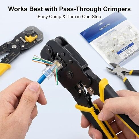 موصلات تمرير Cat6 RJ45 100 حزمة معدنية غير محمية من خلال رأس كريستال 8P8C قابس معياري لكابل إيثرنت صلب ومجدول 50 ميكرون مطلي بالذهب للشبكة، PoE، 10 ميجابت في الثانية in Kuwait