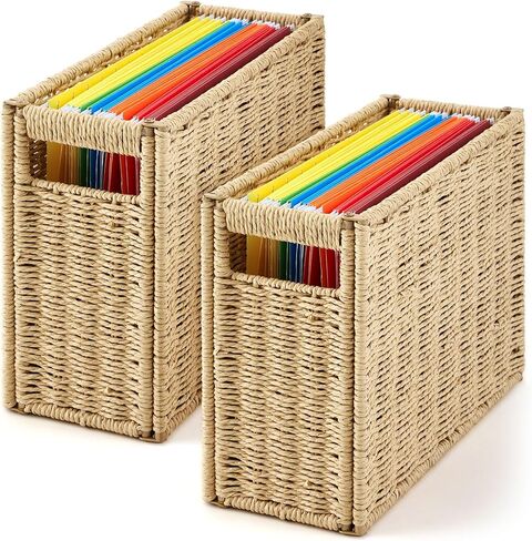 Seagrass Hanging File Box 14.5 x 6 x 10.8 Inch Decorative File Basket Woven Document Organizer with Handle Collapsible Letter Size Filing for Office Home Storage Decor in Saudi Arabia
