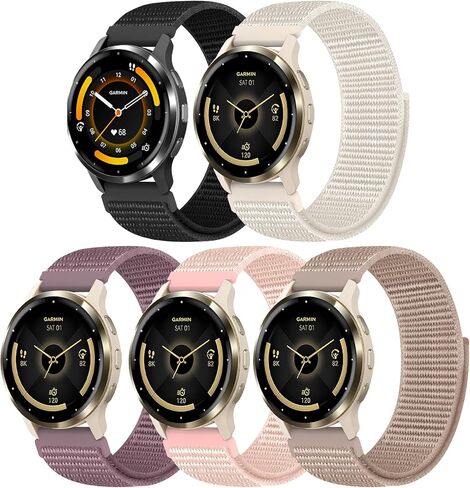 5 عبوات من أحزمة الساعة المصنوعة من النايلون بخطاف وحلقة متوافقة مع Garmin Venu 3S/4 41 مم/Forerunner265S 42 مم/255S 41 مم، 18 مم حزام رياضي خفيف الوزن قابل للتعديل لـ Venu 2S/Vivoactive 4S 40 مم in Kuwait