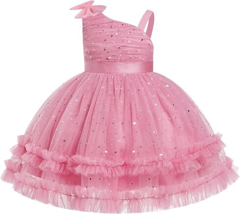 Kids Girls Birthday Party Dress Asymmetric Shoulder Straps Ruched Tulle Tutu Ruffle Dress Cake Crush in Saudi Arabia