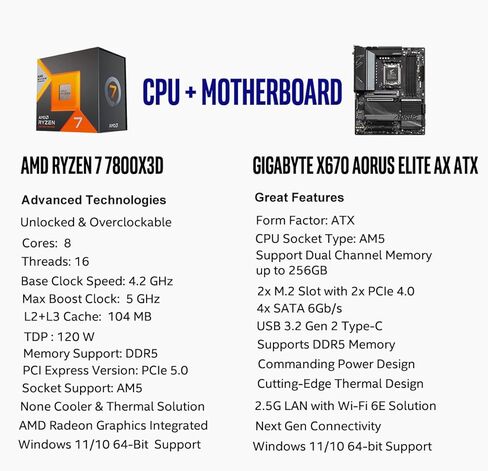 معالج INLAND Micro Center AMD Ryzen 7 7800X3D 8-Core16-Thread المكتبي مع اللوحة الأم GIGABYTE X670 AORUS Elite DDR5 PCIe 5.0 WiFi 6E ATX in Saudi Arabia