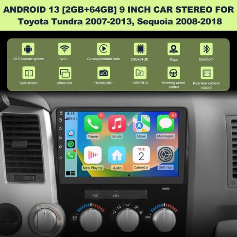 ترقية ستيريو راديو السيارة لسيارة Toyota Tundra 2007-2013، Sequoia 2008-2018 Android 13 2GB+64GB استبدال شاشة لمس 10 بوصة مع CarPlay Android Auto MirrorLink/GPS/FMAM/BackCamera/29 واجهة مستخدم in Kuwait