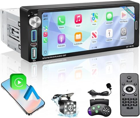 ستيريو سيارة أحادي الدين، شاشة لمس IPS مقاس 6.9 بوصات، Apple CarPlay وAndroid Auto لاسلكي، بلوتوث 5.2، مقبض فعلي، كاميرا احتياطية، ملاحة، MirrorLink، FM، USB/Type-C، SWC، شحن سريع in Kuwait