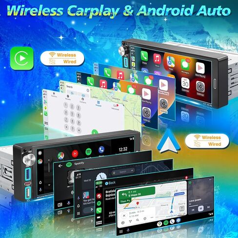 ستيريو سيارة أحادي الدين، شاشة لمس IPS مقاس 6.9 بوصات، Apple CarPlay وAndroid Auto لاسلكي، بلوتوث 5.2، مقبض فعلي، كاميرا احتياطية، ملاحة، MirrorLink، FM، USB/Type-C، SWC، شحن سريع in Kuwait