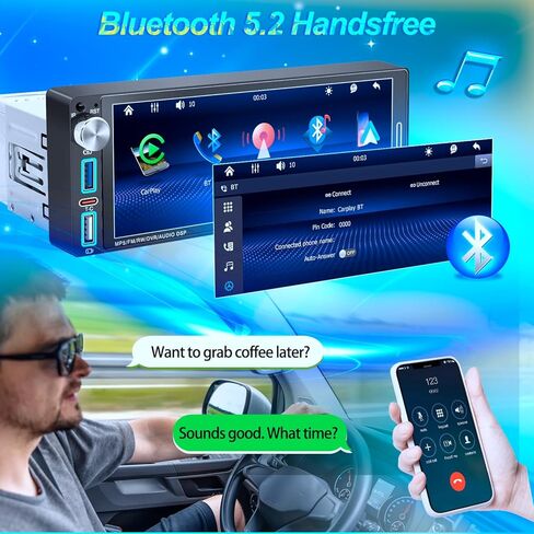 ستيريو سيارة أحادي الدين، شاشة لمس IPS مقاس 6.9 بوصات، Apple CarPlay وAndroid Auto لاسلكي، بلوتوث 5.2، مقبض فعلي، كاميرا احتياطية، ملاحة، MirrorLink، FM، USB/Type-C، SWC، شحن سريع in Kuwait