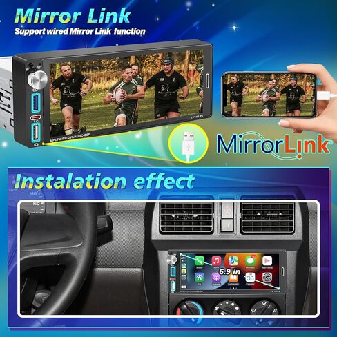 ستيريو سيارة أحادي الدين، شاشة لمس IPS مقاس 6.9 بوصات، Apple CarPlay وAndroid Auto لاسلكي، بلوتوث 5.2، مقبض فعلي، كاميرا احتياطية، ملاحة، MirrorLink، FM، USB/Type-C، SWC، شحن سريع in Kuwait