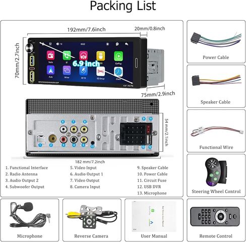 ستيريو سيارة أحادي الدين، شاشة لمس IPS مقاس 6.9 بوصات، Apple CarPlay وAndroid Auto لاسلكي، بلوتوث 5.2، مقبض فعلي، كاميرا احتياطية، ملاحة، MirrorLink، FM، USB/Type-C، SWC، شحن سريع in Kuwait