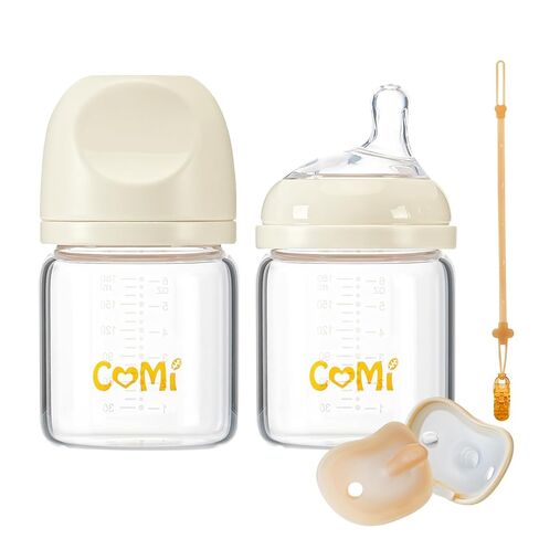 COMI Natural Glass Baby Bottles for Breastfeeding Babies,Newborn Anti-Colic Baby Bottle Set with Slow Flow Nipple,0-3 Months,BPA-Free,4 oz,2 Pack in Saudi Arabia