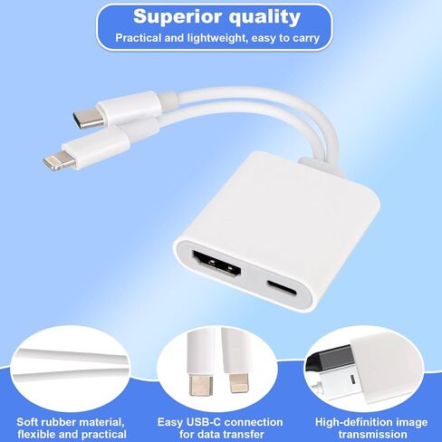 محول USB-C ومحول تحويل 2 في 1 لهاتف iPhone 17/16/15 iPad MacBook، إلى التلفزيون 4K@60 هرتز محول AV رقمي متعدد المنافذ مع قابس شحن سريع 100 وات PD وتشغيل (أبيض) in Saudi Arabia
