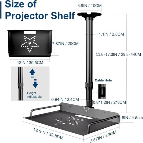 2-Be-Best Projector Ceiling Mount with Tray, 11.6-17.3IN / 29.5-44CM Height Adjustable Ceiling Shelf Mount 360° Rotation Projector Mounts for Projectors Camera (Black) in Kuwait