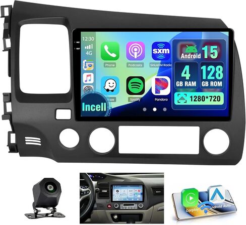راديو ستيريو للسيارة 4+64 جيجابايت لسيارة Honda Civic 2006-2011، Android 15 Wireless Carplay Andorid auto 9 بوصة INCELL شاشة تعمل باللمس ستيريو ترقية نظام تحديد المواقع واي فاي بلوتوث 5.0 FM/RDS EQ-32 SWC كاميرا احتياطية in Kuwait