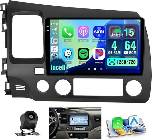 راديو ستيريو للسيارة 4+64 جيجابايت لسيارة Honda Civic 2006-2011، Android 15 Wireless Carplay Andorid auto 9 بوصة INCELL شاشة تعمل باللمس ستيريو ترقية نظام تحديد المواقع واي فاي بلوتوث 5.0 FM/RDS EQ-32 SWC كاميرا احتياطية in Saudi Arabia