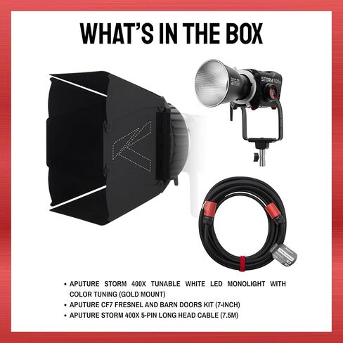 Aputure Storm 400x (A-Mount) (US) with CF7 Fresnel and Barn Doors Kit and Storm 400x Head Cable (7.5m) Bundle (3 Items) in Saudi Arabia