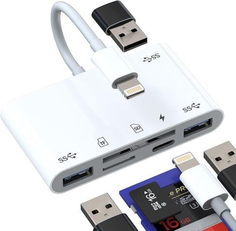 قارئ بطاقة SD لجهاز iPhone Lightning إلى USB 3.0 ومحول الكاميرا الرقمية لـ Apple 14 13 Pro Max (6in1) فتحة محول التصوير الفوتوغرافي Micro SD للتصوير الفوتوغرافي ومنفذ كابل الهاتف لشحن محول خارجي مزدوج in Kuwait