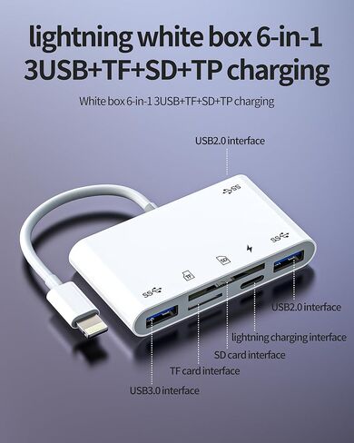 قارئ بطاقة SD لجهاز iPhone Lightning إلى USB 3.0 ومحول الكاميرا الرقمية لـ Apple 14 13 Pro Max (6in1) فتحة محول التصوير الفوتوغرافي Micro SD للتصوير الفوتوغرافي ومنفذ كابل الهاتف لشحن محول خارجي مزدوج in Kuwait