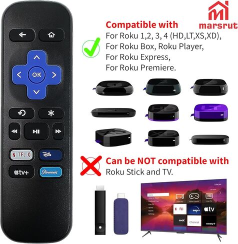 قطعتان من أجهزة التحكم عن بعد مناسبة لصندوق Roku، بديل عن بعد لـ Roku Express، Premiere، Player، 1 2 3 4 (HD، LT، XS، XD)، (ليس لـ Roku Stick، TV، Ultra، أجهزة الألعاب)، وحدة تحكم بسيطة بدون زر الصوت in Kuwait
