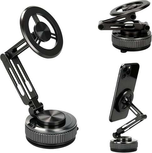 Heavy Duty Metal Magnetic Dash Mount Car Phone Holder - Extendable Long Arm+Strong Suction Cup, 360° Rotation Anti-Shake, Universal for Truck/SUV/Jeep JL/RV/Boat, Fit iPhone 17/16/15 Pro Max (Black) in Saudi Arabia