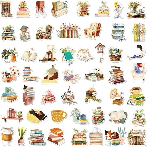 ملصقات الكتب - 50 قطعة من ملصقات الفينيل المقاومة للماء وقابلة لإعادة الاستخدام لزجاجات المياه والكتب وأجهزة الكمبيوتر المحمولة وأجهزة Kindle والكتب | سهل التقشير واللصق، لا يترك بقايا | ملصقات كتابية مضحكة للقراء والكبار in Kuwait