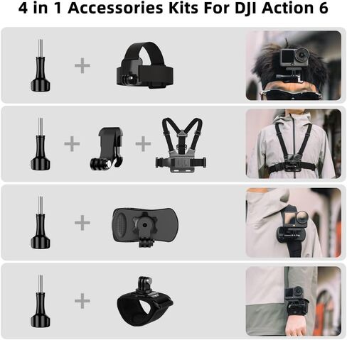 SUREWO 4 in 1 Accessories Set for DJI Action 6/5Pro/4/3/2,Chest Mount Harness/Head Strap Mount/ 360°Rotating Wrist Strap/360° Rotation Quick Clip Bracket for GoPro Hero 13/12/11 (Set 1) in Kuwait
