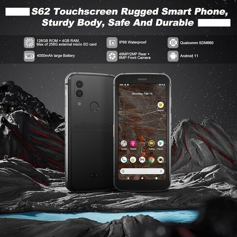 هاتف Unifone S62 متين غير مقفل (128 جيجابايت، 4 جيجابايت) 5.7 بوصة IP68 هاتف ذكي أندرويد مقاوم للماء، كاميرا مزدوجة 12 ميجابكسل، بطارية طوال اليوم، NFC، فتح بصمة الإصبع، فتحة Snapdragon 660 Nano (أسود) in Kuwait