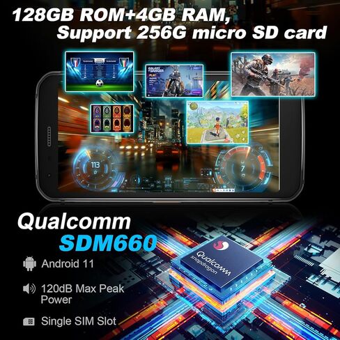 هاتف Unifone S62 متين غير مقفل (128 جيجابايت، 4 جيجابايت) 5.7 بوصة IP68 هاتف ذكي أندرويد مقاوم للماء، كاميرا مزدوجة 12 ميجابكسل، بطارية طوال اليوم، NFC، فتح بصمة الإصبع، فتحة Snapdragon 660 Nano (أسود) in Kuwait