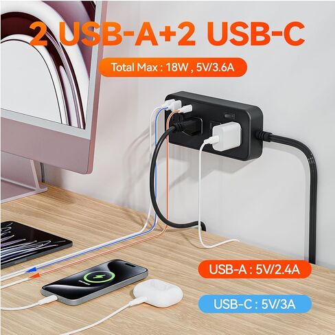 سلك تمديد بطول 5 أقدام مع 8 منافذ واسعة لحماية التيار الكهربائي مع منفذي USB ومحطة شحن مكتبية USB C للمكتب المنزلي ETL باللون الأسود in Saudi Arabia