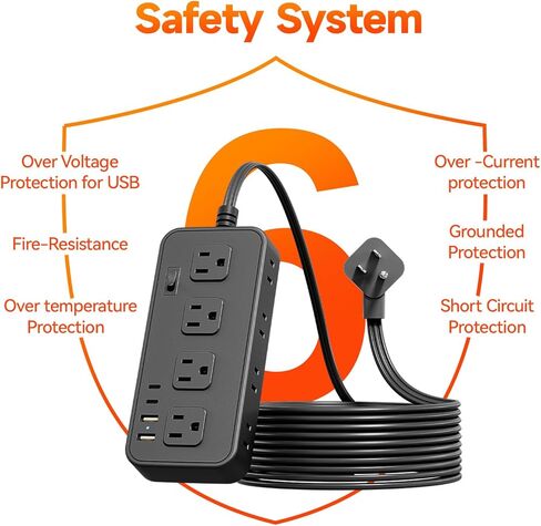 سلك تمديد بطول 5 أقدام مع 8 منافذ واسعة لحماية التيار الكهربائي مع منفذي USB ومحطة شحن مكتبية USB C للمكتب المنزلي ETL باللون الأسود in Saudi Arabia