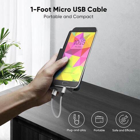 كابل Micro USB بطول 1 قدم قصير 15 وات للشحن السريع ونقل البيانات بسرعة 480 ميجابت في الثانية، سلك شحن مجدول USB A إلى MicroUSB لهاتف Kindle Android القديم، Nokia Tablet PS4 Controller Raspberry Pi والمزيد in Kuwait