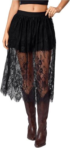 Women's Floral Lace Sheer Skirt High Waisted A Line Midi Skirts Beach Cover-ups Mesh Streetwear Y2K Skirts in Kuwait
