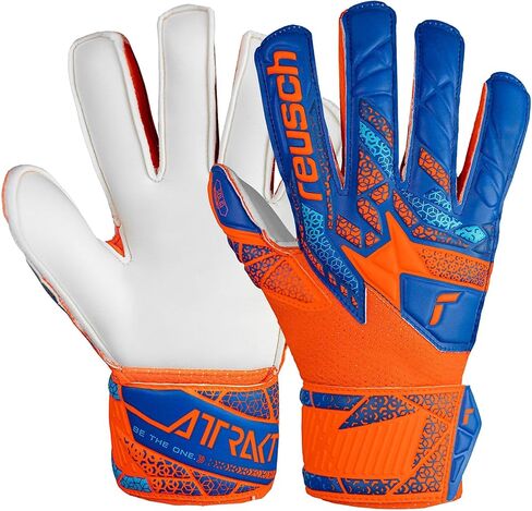 Reusch Attrakt قفازات حارس مرمى صلبة لدعم الأصابع للصغار، قفازات حارس مرمى للشباب متينة ومسامية، برتقالي وأزرق in Saudi Arabia
