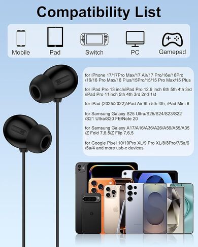 سماعات أذن سلكية USB C لهاتف Samsung Galaxy A56 A16 A17 A36 A26 S25 Ultra Plus S24 FE S23 Ultra Z Fold 7/6، سماعات أذن من النوع C داخل الأذن سلكية USB-C لهاتف Apple iPhone 17/16 in Kuwait