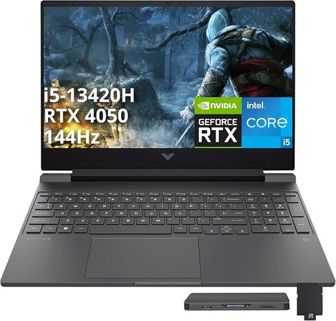 كمبيوتر محمول HP Victus مقاس 15.6 بوصة 144 هرتز FHD للألعاب، Intel i5-13420H، ذاكرة الوصول العشوائي 16 جيجابايت، 512 جيجابايت PCIe SSD، GeForce RTX 4050، لوحة مفاتيح بإضاءة خلفية، WiFi 6، Windows11 Pro، Mica Silver، مجموعة قاعدة إرساء 1 تيرابايت in Kuwait