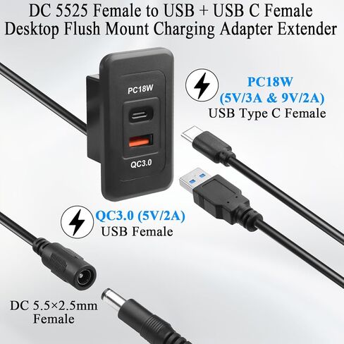 QIANRENON DC 5525 إلى USB وUSB C كابل موصل شحن مثبت على سطح المكتب DC 5.5×2.5 مم أنثى إلى النوع A + محول تركيب حاجز مربع أنثى من النوع C، للوحة أجهزة القياس والأثاث، 0.9 متر/2.9 قدم in Kuwait