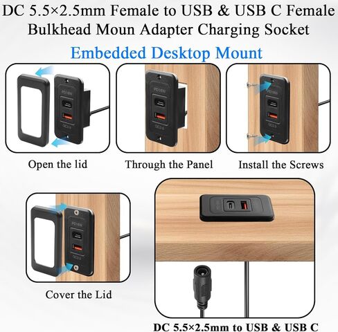 QIANRENON DC 5525 إلى USB وUSB C كابل موصل شحن مثبت على سطح المكتب DC 5.5×2.5 مم أنثى إلى النوع A + محول تركيب حاجز مربع أنثى من النوع C، للوحة أجهزة القياس والأثاث، 0.9 متر/2.9 قدم in Kuwait