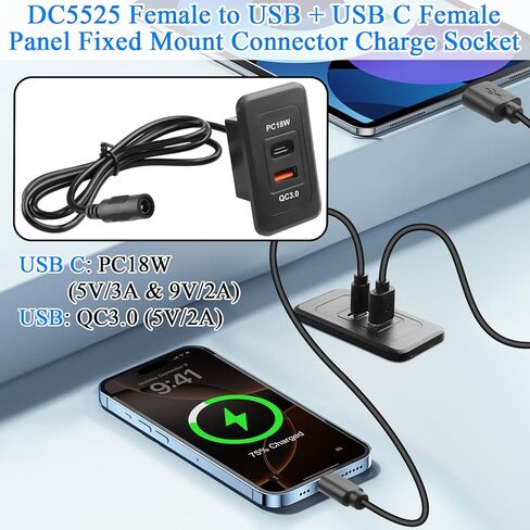 QIANRENON DC 5525 إلى USB وUSB C كابل موصل شحن مثبت على سطح المكتب DC 5.5×2.5 مم أنثى إلى النوع A + محول تركيب حاجز مربع أنثى من النوع C، للوحة أجهزة القياس والأثاث، 0.9 متر/2.9 قدم in Kuwait