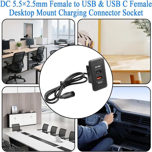 QIANRENON DC 5525 إلى USB وUSB C كابل موصل شحن مثبت على سطح المكتب DC 5.5×2.5 مم أنثى إلى النوع A + محول تركيب حاجز مربع أنثى من النوع C، للوحة أجهزة القياس والأثاث، 0.9 متر/2.9 قدم in Kuwait
