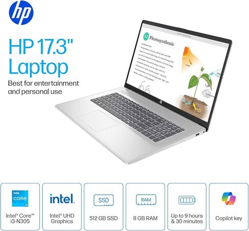 لاب توب HP 2026 عالي الأداء مقاس 17.3 بوصة - شاشة 17.3 بوصة HD+، معالج Intel i3-N305 ثماني النواة، ذاكرة الوصول العشوائي 16 جيجابايت، 512 جيجابايت PCIe SSD، كاميرا ويب، HDMI، لوحة مفاتيح رقمية، Wi-Fi 6، Windows 11 Pro، فضي in Kuwait