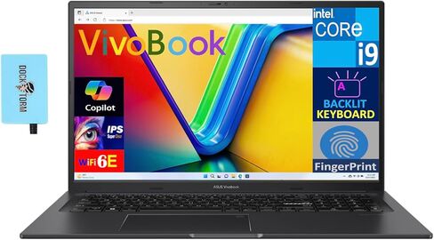 ASUS Vivobook K3704VA-DS96 17X كمبيوتر محمول 17.3 بوصة IPS FHD (Intel i9-13900H، 24 جيجابايت DDR4، 1 تيرابايت PCIe SSD، Intel Iris Xe، Backlit KB، بصمة الإصبع، WiFi 6E، كاميرا ويب، Win 11 Pro) مع موسع منفذ USB DKZ in Saudi Arabia