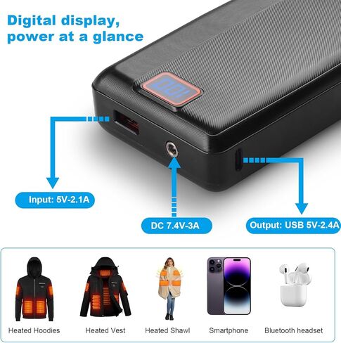 بنك طاقة قابل لإعادة الشحن 7.4 فولت 20000 مللي أمبير في الساعة مع كابل USB، حزم بطاريات شحن سريعة مع شاشة LED للسترة الساخنة، سترة ساخنة، هوديي ساخن، جوارب ساخنة، الأجهزة المحمولة الذكية in Kuwait