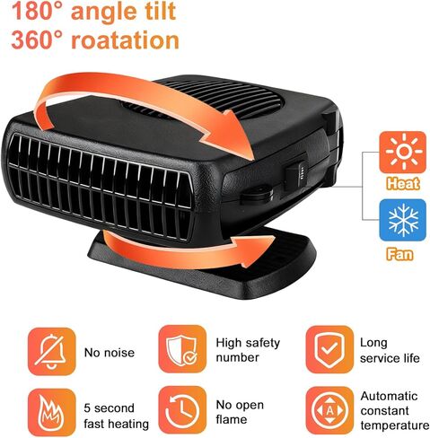 Car Heater 12V, 2 in 1 Portable Car Heater for Vehicle Fast Heating Quickly Defrost Defogger Demister Heat Cooling Fan Auto Dryer Windshield Defroster Plug in Cigarette Lighter (Black) in Kuwait